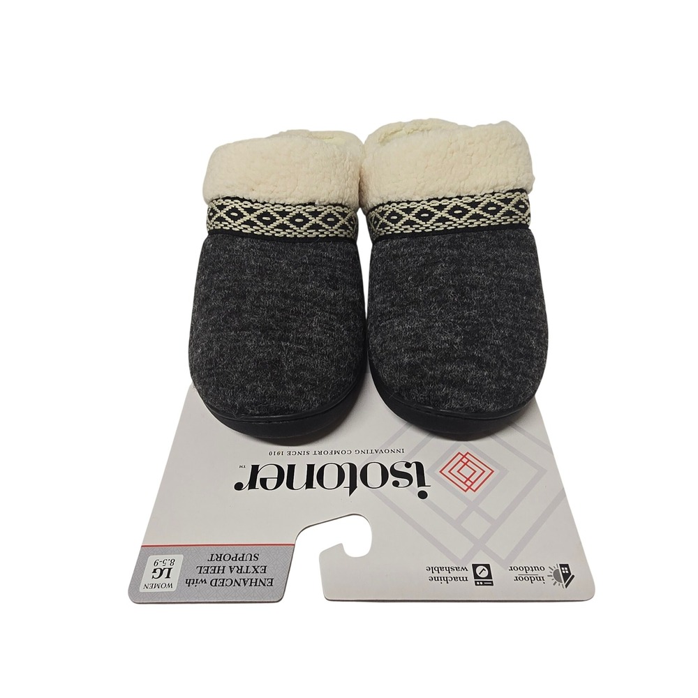 Isotoner Womens Clog Slippers Black Heathered Faux Fur Lined Size L 8.5-9 NWT